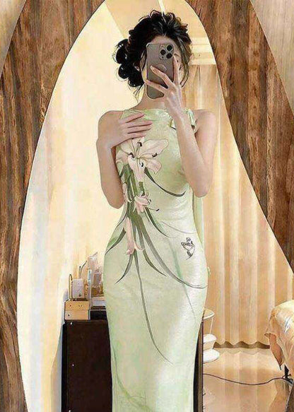 2026 Summer New Chinese Style Print Side Open Mint Green Slim Fit Dress