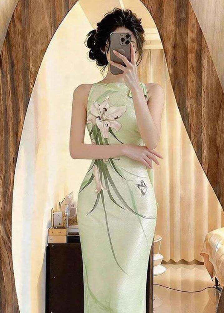 2026 Summer New Chinese Style Print Side Open Mint Green Slim Fit Dress
