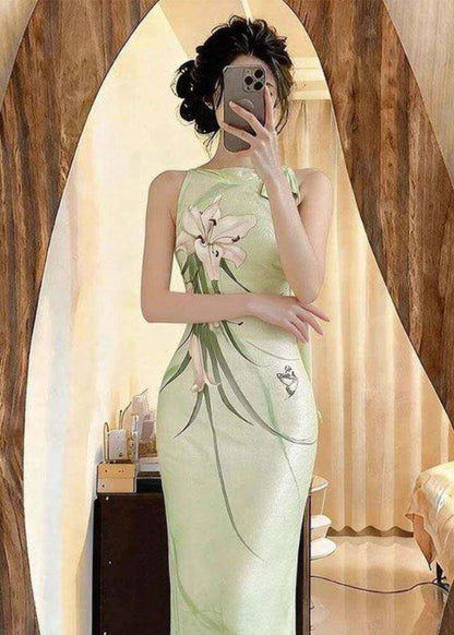2026 Summer New Chinese Style Print Side Open Mint Green Slim Fit Dress