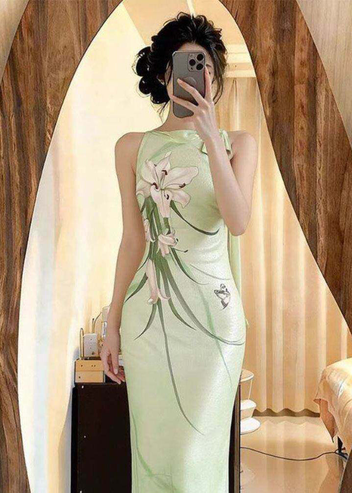 2026 Summer New Chinese Style Print Side Open Mint Green Slim Fit Dress
