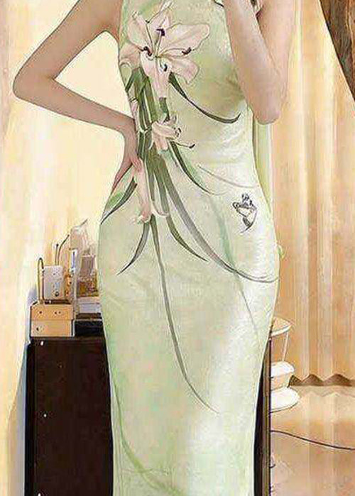 2026 Summer New Chinese Style Print Side Open Mint Green Slim Fit Dress