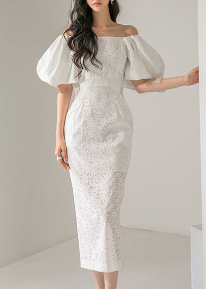 2026 White Slash Neck Off Shoulder Lantern Sleeve Lace Long Dress