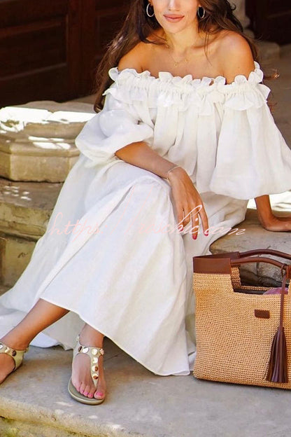 Off-Shoulder Ruffle Puff Sleeve Midi Dress