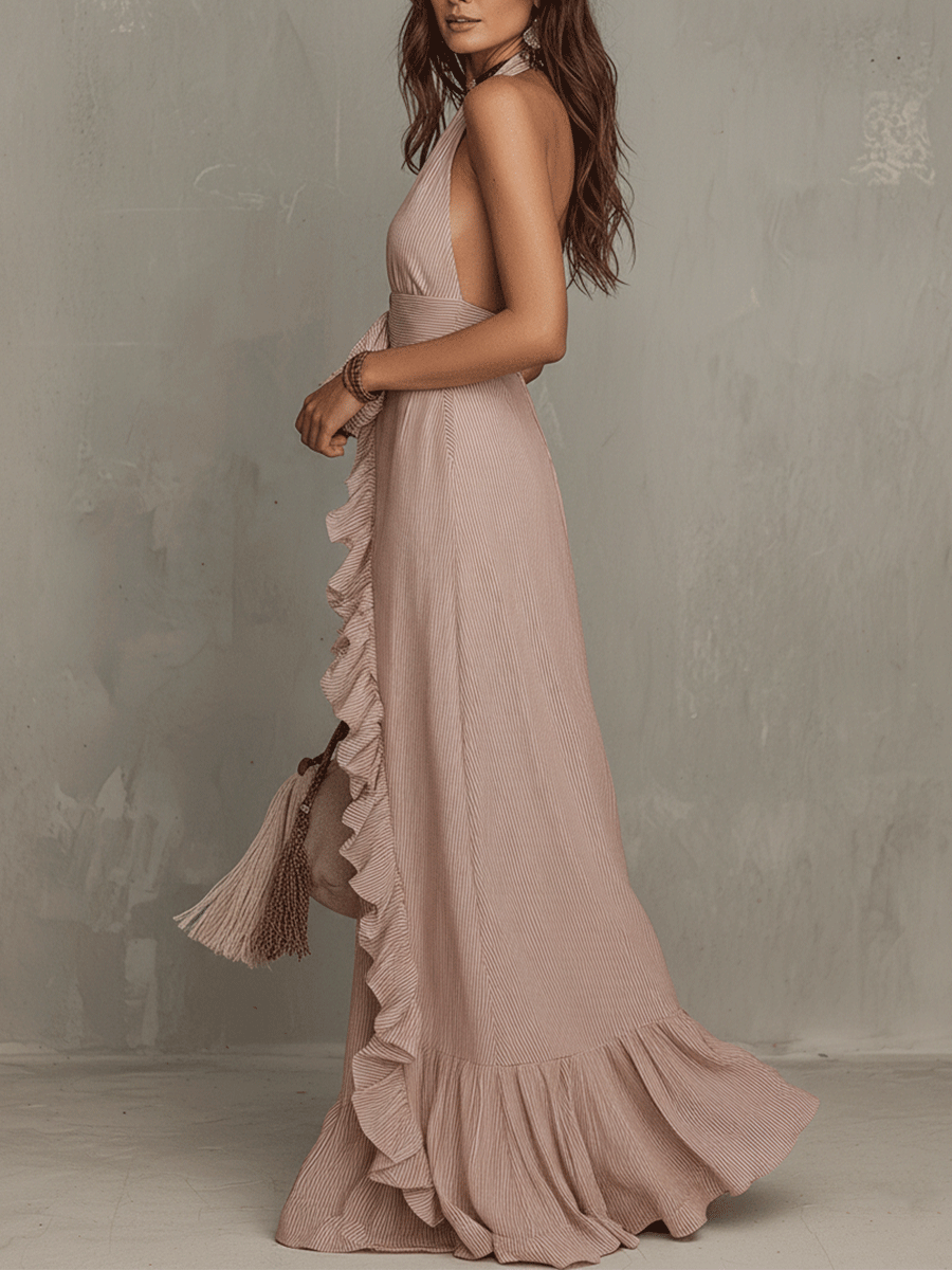 Quiet Romance Ruffle Bare Rose Halter Flow Maxi Dress