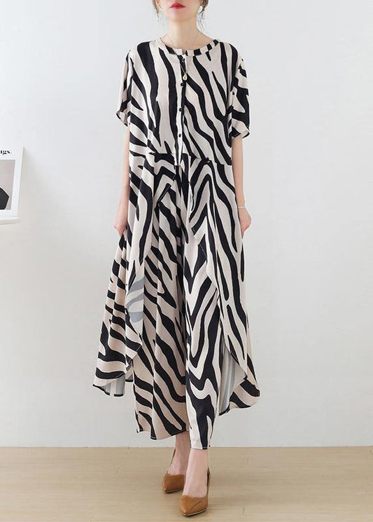 21 Summer Suit Zebra Stripe Silk Wide Leg Pants Irregular Two Piece Set - SooLinen