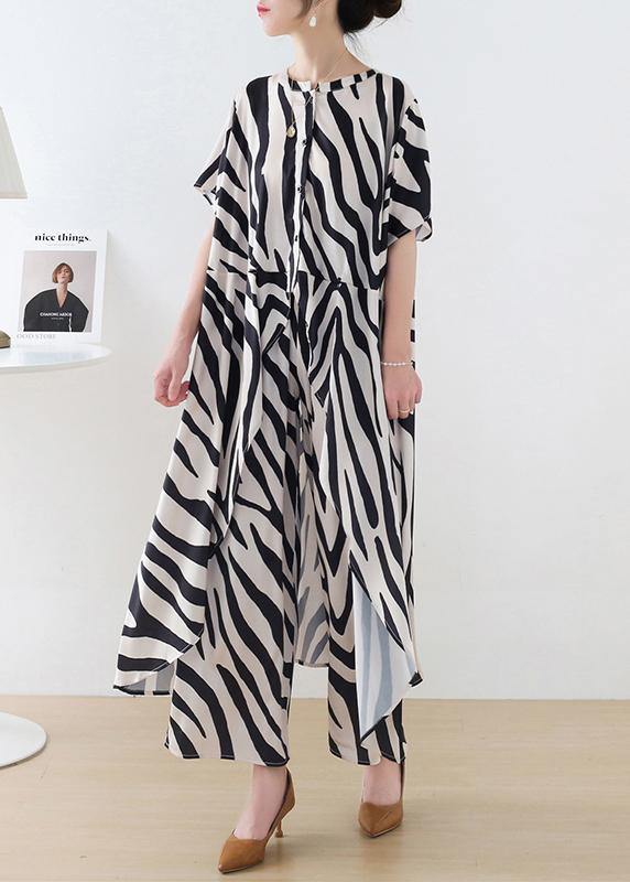 21 Summer Suit Zebra Stripe Silk Wide Leg Pants Irregular Two Piece Set - SooLinen
