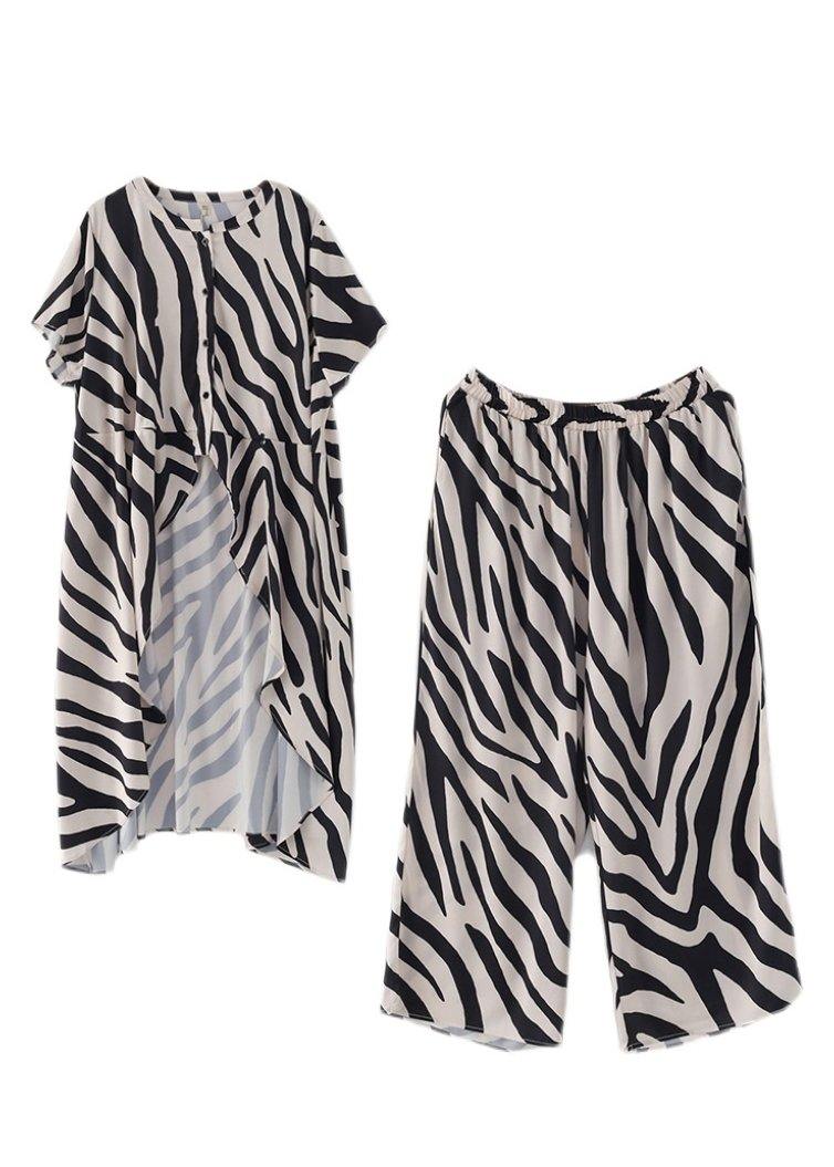 21 Summer Suit Zebra Stripe Silk Wide Leg Pants Irregular Two Piece Set - SooLinen