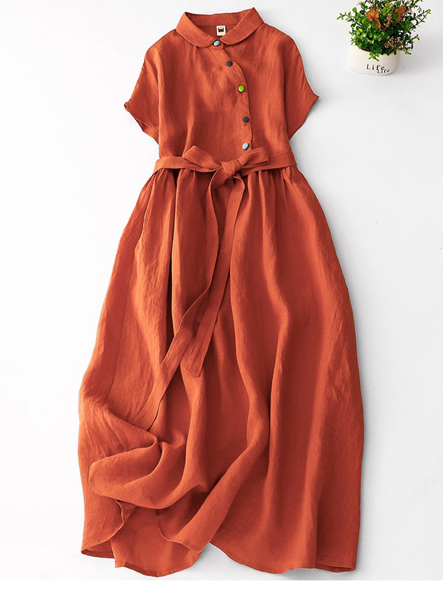 Shirt Collar Cotton Linen Pocket Dress