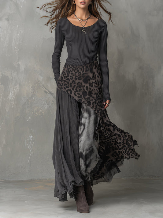 Bohemian Pit Stripe Leopard Print Splicing Irregular Hem Maxi Dress