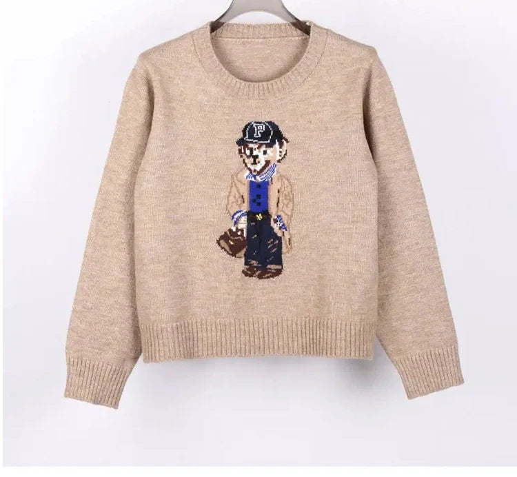 Milky White Two-Piece Style Striped Collar Bear Embroidered Preppy Knit Sweater