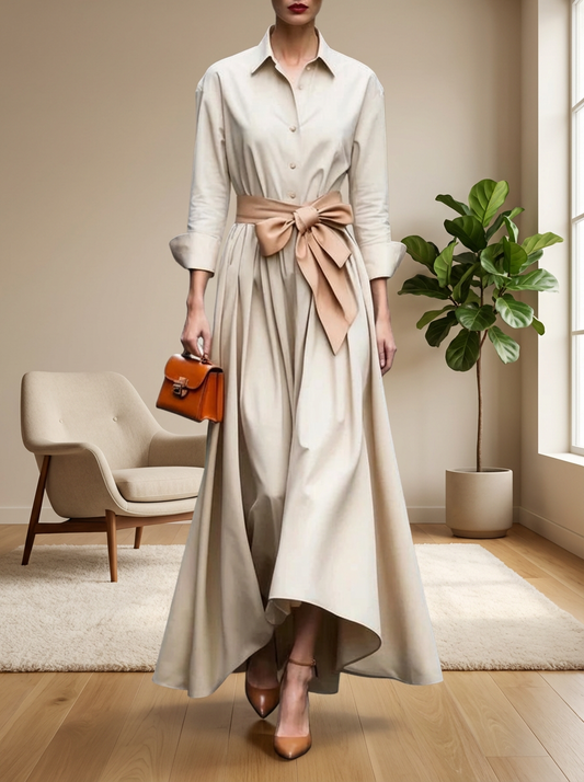 Elegant Long-sleeved Shirt-style Tie Maxi Dress