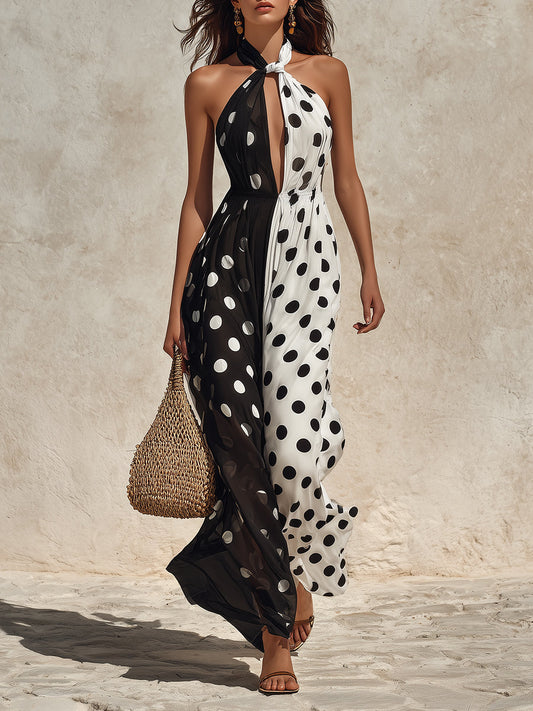 Vintage Polka Dot Chiffon Halter Neck Maxi Dress