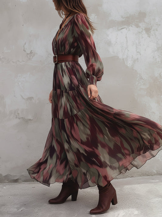 Bohemian Abstract Printed Chiffon Maxi Dress With Belt
