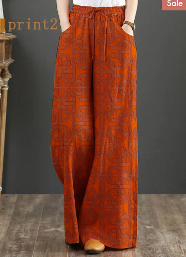 Pantalones rectos de lino con cintura elástica y estampado naranja de verano con cordón ajustable de color liso