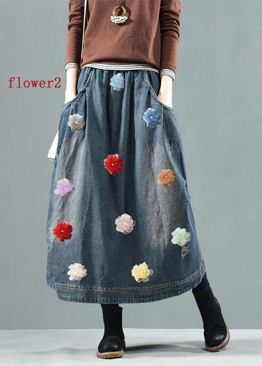 Blau-Bunte blumen Taschen Retro Patchwork Sommer Röcke Denim
