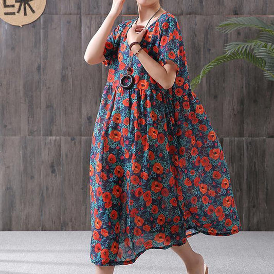 Plus Size - Print Cotton Linen Loose A-Line Dress - SooLinen