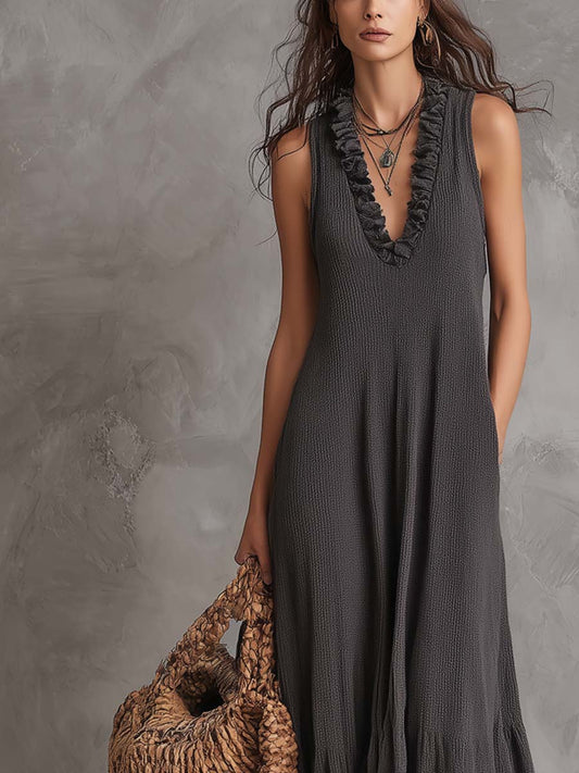Vintage Ruffled Collar Flare Hem Knitted Maxi Dress