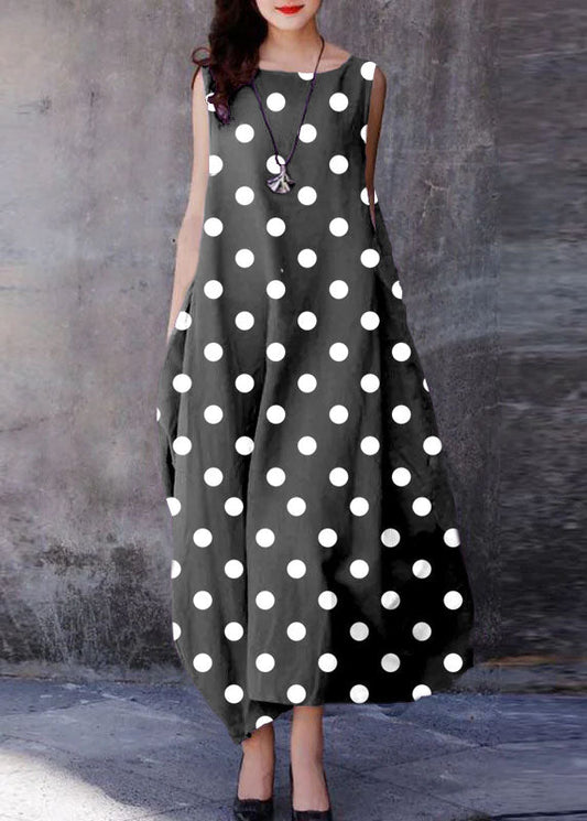 Bohemian Schwarz gespleißt Polka Dots O-Ausschnitt Extra großer Saum Baumwolle Kleider Ärmellos