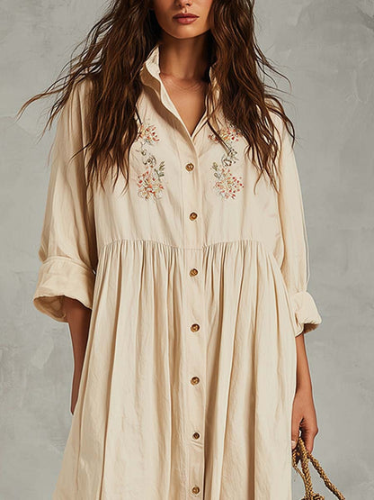 Embroidered Cotton-Linen Button Midi Dress