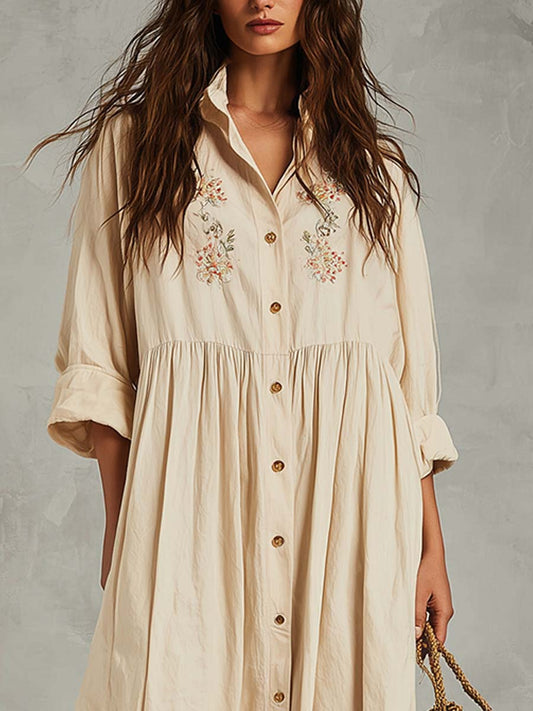 Embroidered Cotton-Linen Button Midi Dress
