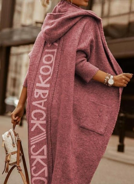 Long-Sleeved Hooded Oversized Knit Cardigan with Letter Print