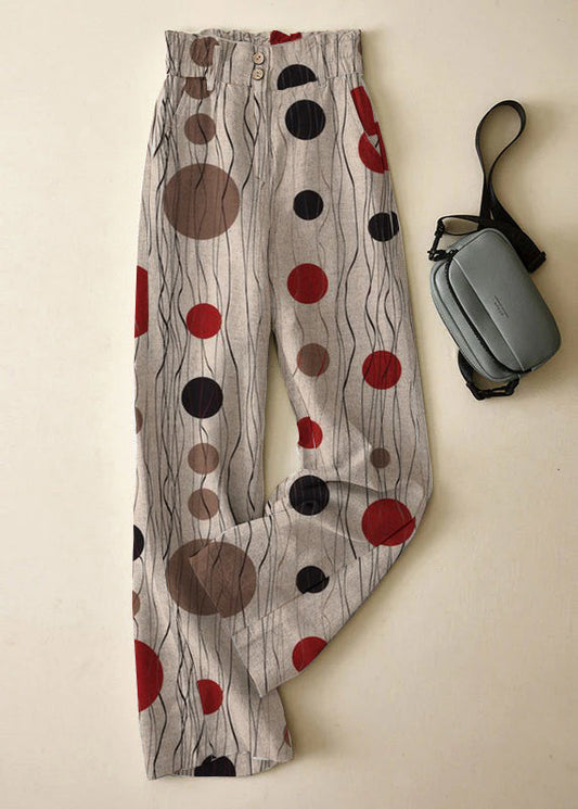 Elegante grau gepunktete Leinenhose mit hoher Taille und Knopfleiste für den Sommer