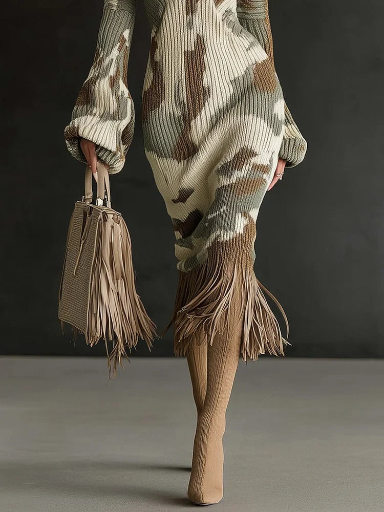 Olive Camo Fringe Knit Midi Dress