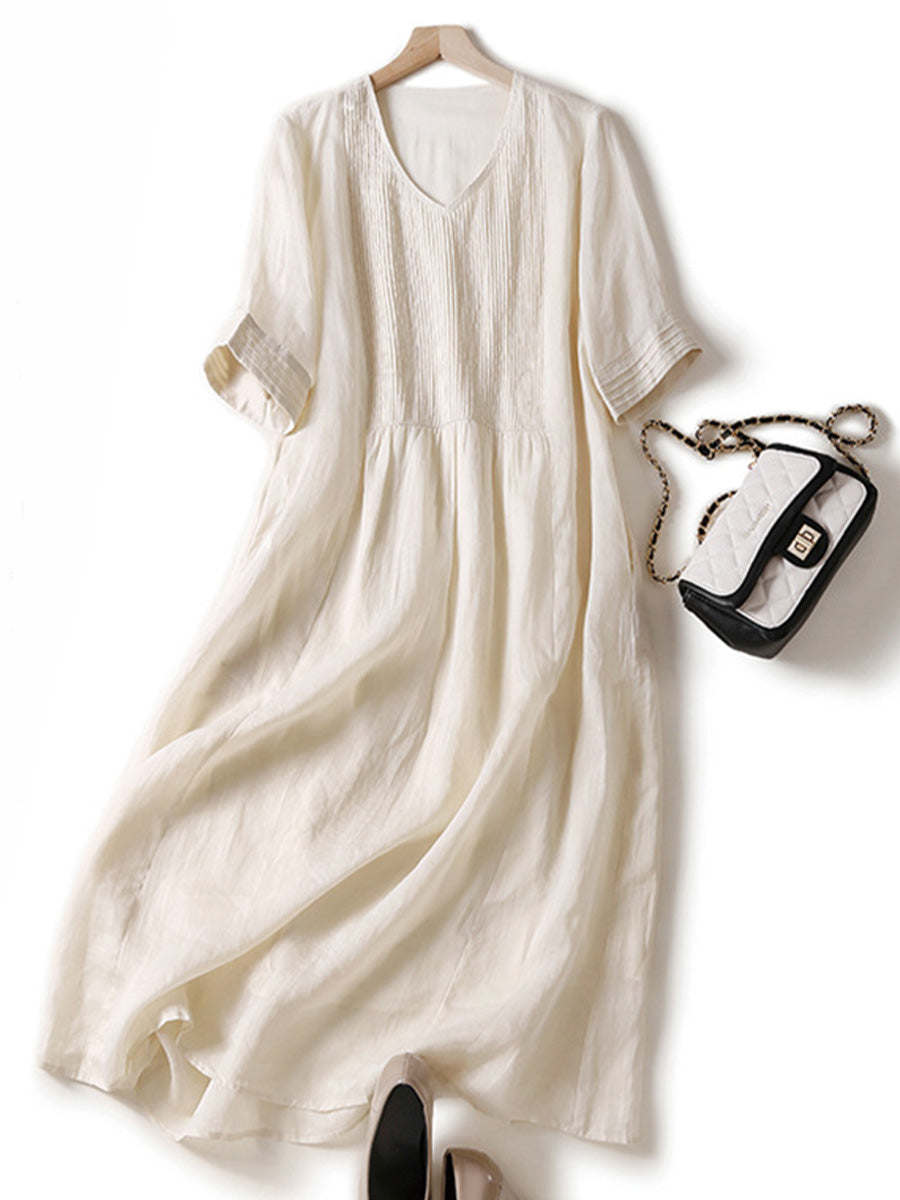 Accordion Pleated Linen Midi Dress