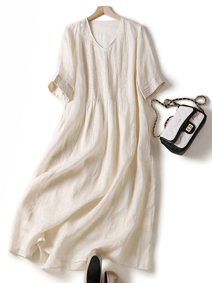 Accordion Pleated Linen Midi Dress