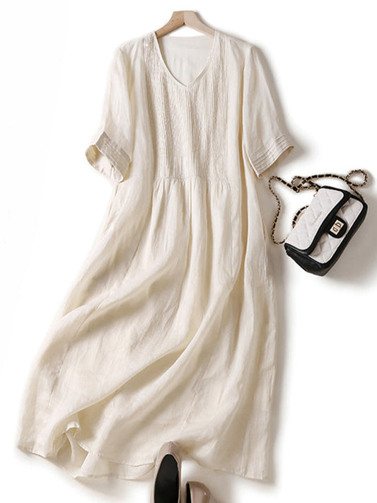 Accordion Pleated Linen Midi Dress