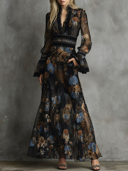 Bohemian Lace Trim Black Floral Chiffon Maxi Dress