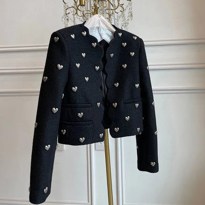 Black-based silver-heart chunky knit Chanel-style cropped jacket
