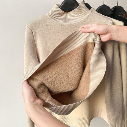 Basic Solid Color High-Neck Fleece-Lined Thermal Knit Base Layer