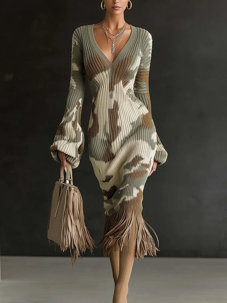 Olive Camo Fringe Knit Midi Dress