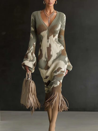Olive Camo Fringe Knit Midi Dress