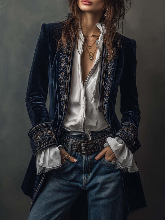 Vintage Navy Velvet Embroidered Long Jacket