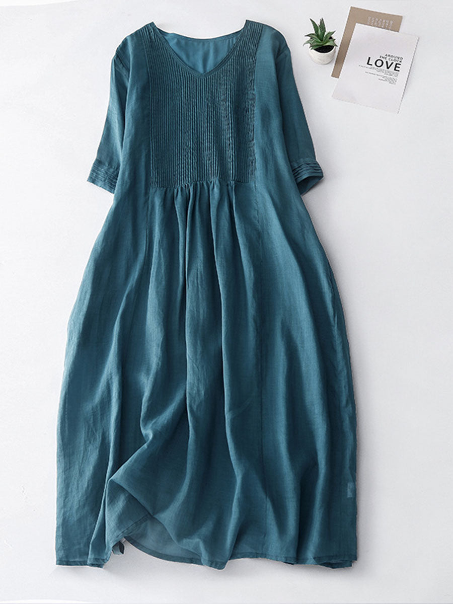Accordion Pleated Linen Midi Dress