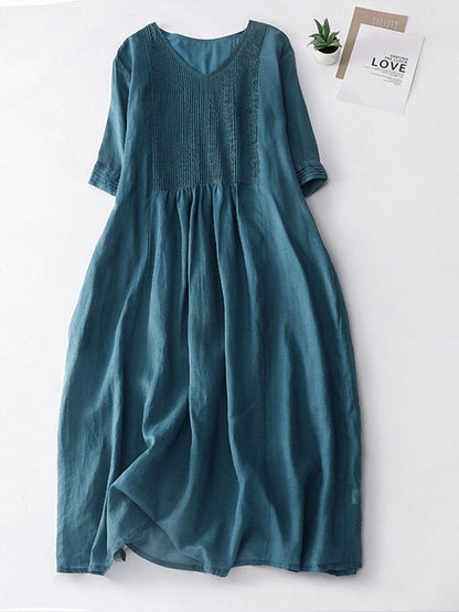 Accordion Pleated Linen Midi Dress
