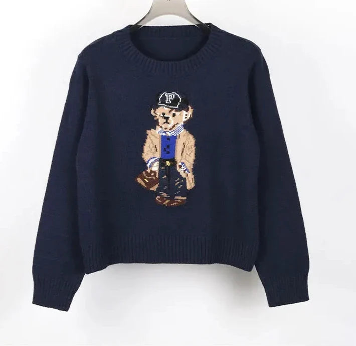 Milky White Two-Piece Style Striped Collar Bear Embroidered Preppy Knit Sweater