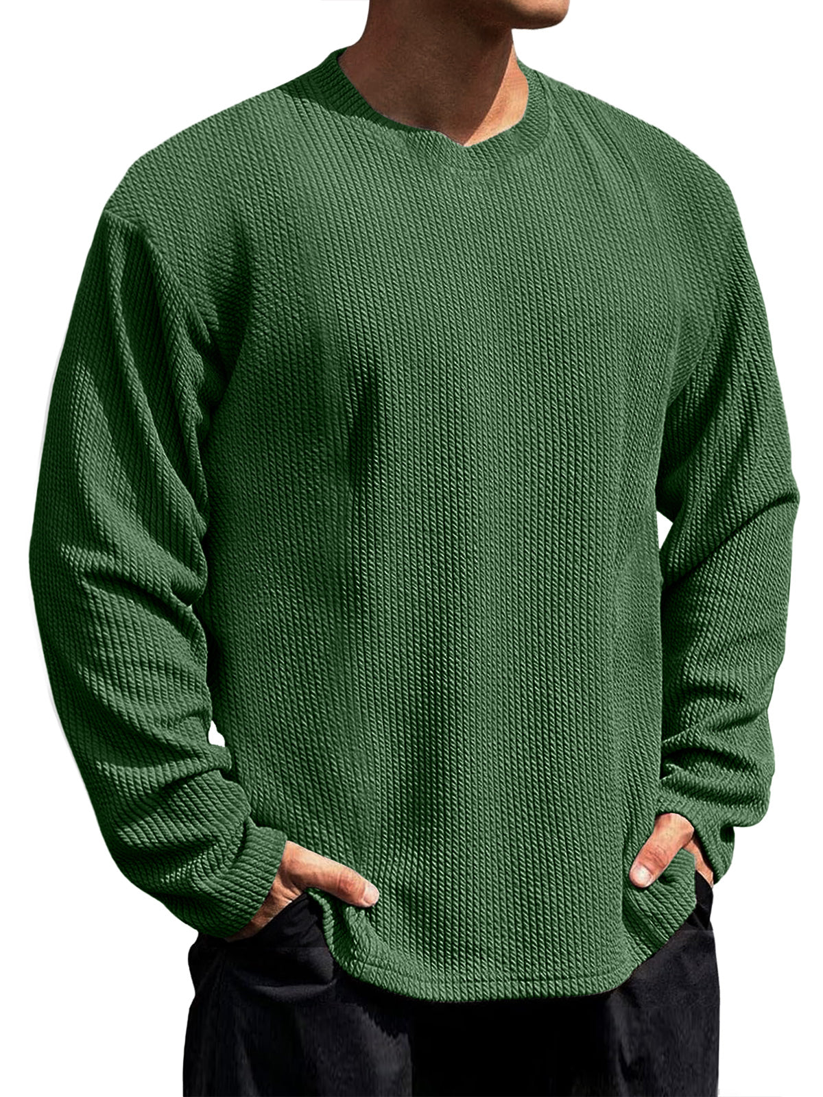 Men's Casual Round Neck Vertical Stripe Solid Color Long-sleeved T-shirt