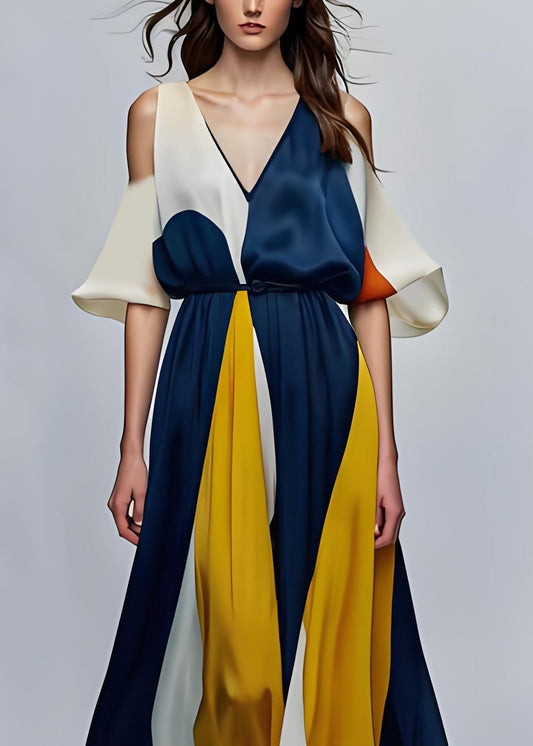Stil Colorblock V-Ausschnitt Cold Shoulder Seide Maxikleider Sommer