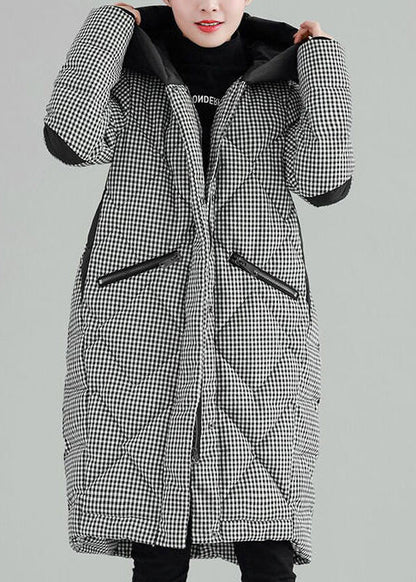 Luxus-Übergrößen-Kleidung, Oberbekleidung, schwarz, kariert, mit Kapuze, Taschen, Reißverschluss, Parkas