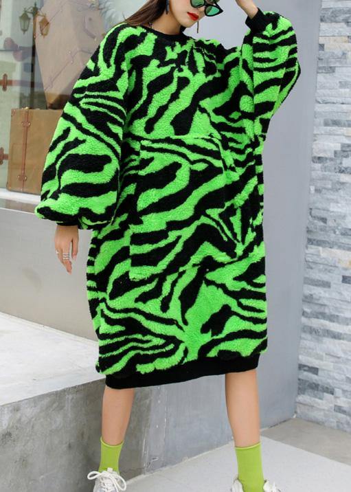 Comfy O Neck Thick Sweater Dress Outfit Plus Size Green Striped Knitwear Dress - SooLinen