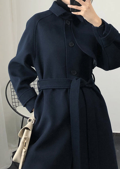 Modischer, locker sitzender Trenchcoat für den Frühling, Marineblau, Wollmantel mit Taillenbund