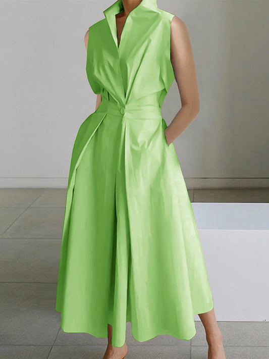 2024 Hellgrünes Baumwollkleid mit Peter-Pan-Kragen und Taschen, ärmellos