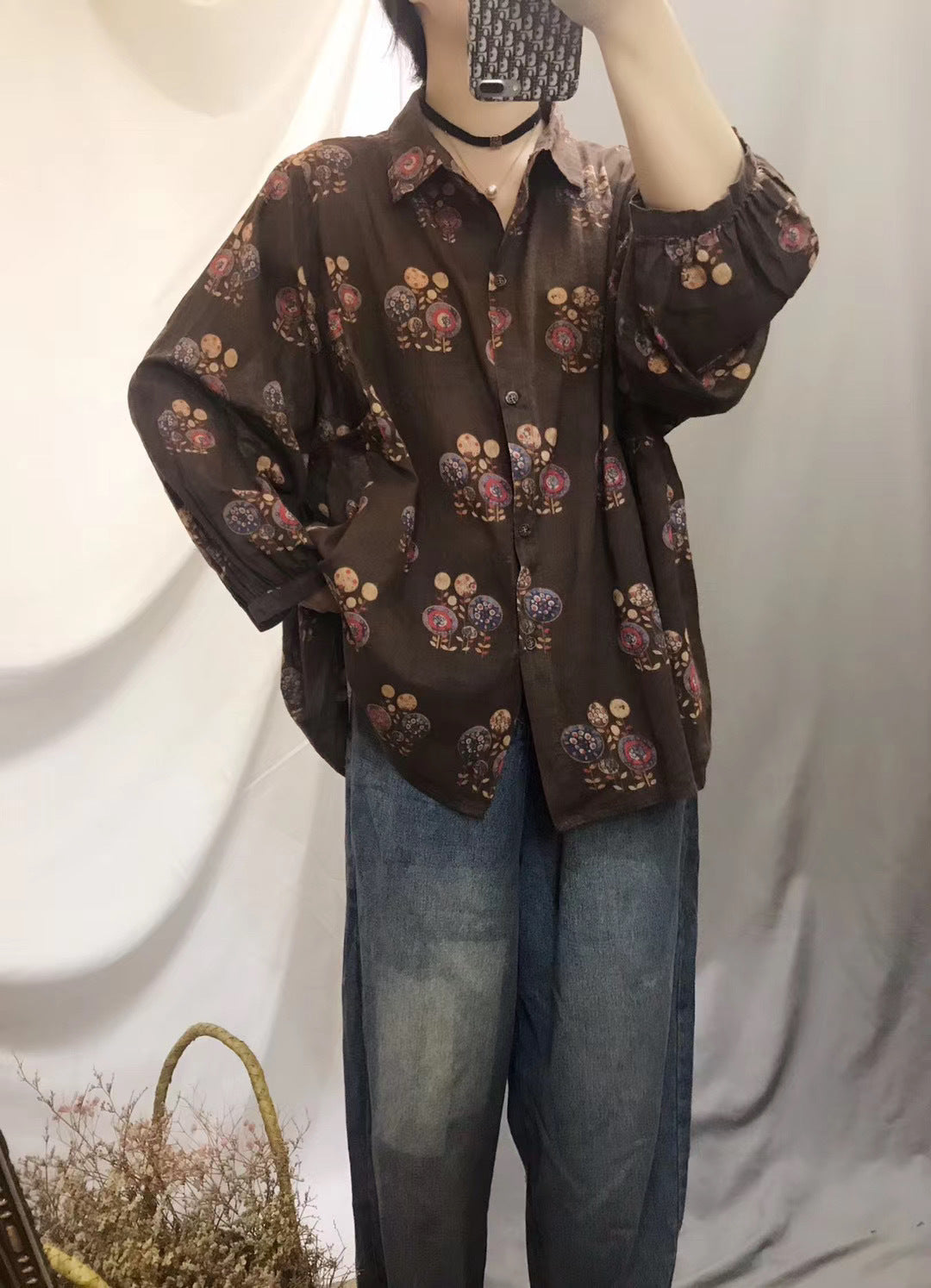 Kunst grau Geometrie Tunika Muster Revers Baggy Herbst Top