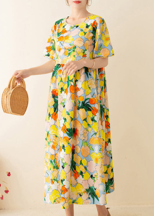 Italienische Tunika mit gelbem Aufdruck und Rundhalsausschnitt, Patchwork, lockere Sommerkleider