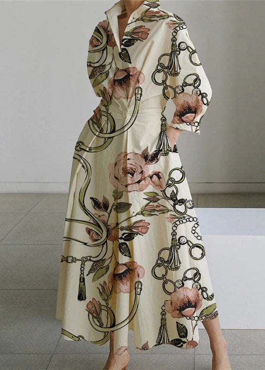 2024 Beige-rosa Blumen Peter Pan Kragen Taschen Baumwollkleid Langarm