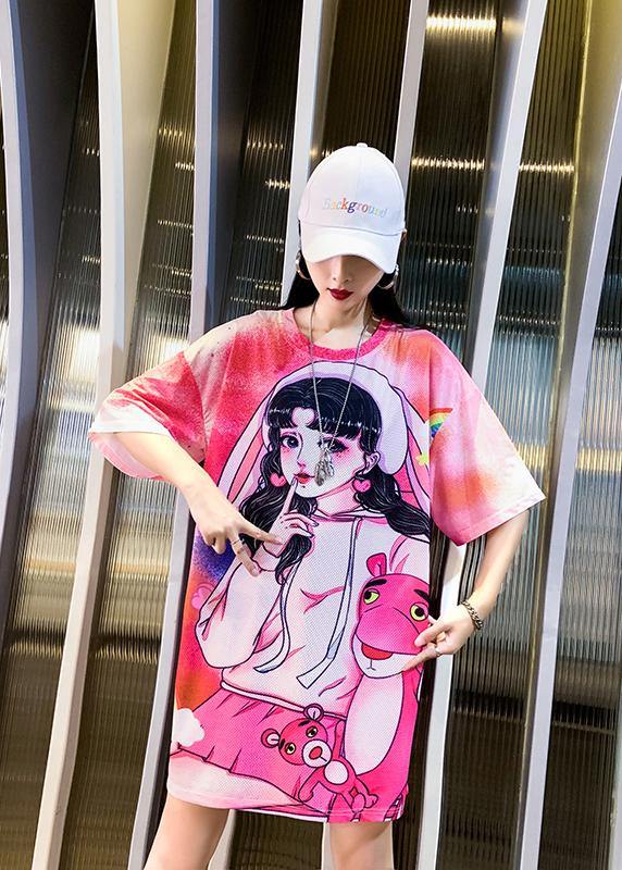 Loose Pink Character Print Clothes Women O Neck Dresses - SooLinen