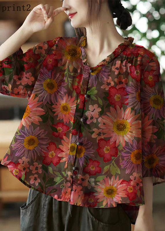 Plus Size Pink-Print3 Leinenbluse mit V-Ausschnitt und Rüschenprint, Halbarm